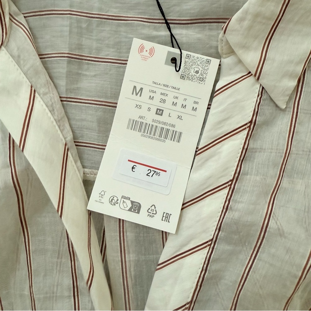 NWT Zara Cream and Red Striped Sheer Top Knotted Hem Medium - Picture 7 of 12